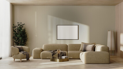 Horizontal frame mock-up in modern living room interior in beige tones, 3d render