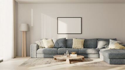 Horizontal picture frame in modern living room interior with blue sofa and white wall, 3d render