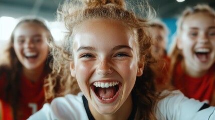 A joyful group of young female soccer players celebrating their victory with big smiles, showcasing excitement and camaraderie on the field in sports attire.