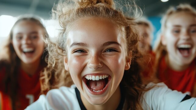 A joyful group of young female soccer players celebrating their victory with big smiles, showcasing excitement and camaraderie on the field in sports attire.