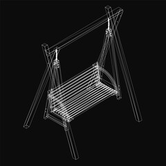Wooden swing rendered as a 3D wireframe model with realistic details, isolated on a black background for high contrast. The clean white lines of the swing stand out sharply against the dark backdrop.