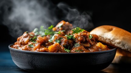 A savory dish steaming with delicious ingredients is paired with fresh bread, emphasizing the comfort and warmth of homemade meals in a beautifully presented manner.