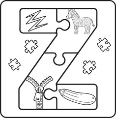 Letter Z Puzzle Alphabet  with Objects kids coloring books for kids