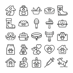 Collection of Pet Care Icons in Outline Style Representing Various Pet Related Services