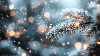 Fototapeta premium A picturesque winter image featuring a snow-laden pine branch surrounded by soft bokeh light, evoking feelings of warmth and nostalgia during the chilly season of winter.