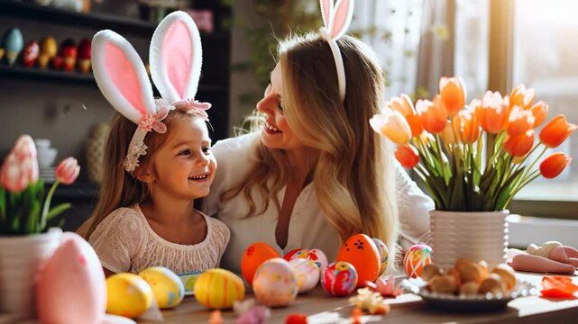 Mother and children at the Easter table. Selective focus. Holiday.