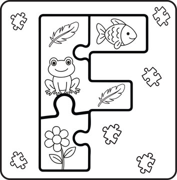 Letter F Puzzle Alphabet  with Objects kids coloring books for kids