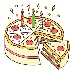 Pizza shaped cake, edible toppings, fun for a happy birthday pizza lover.