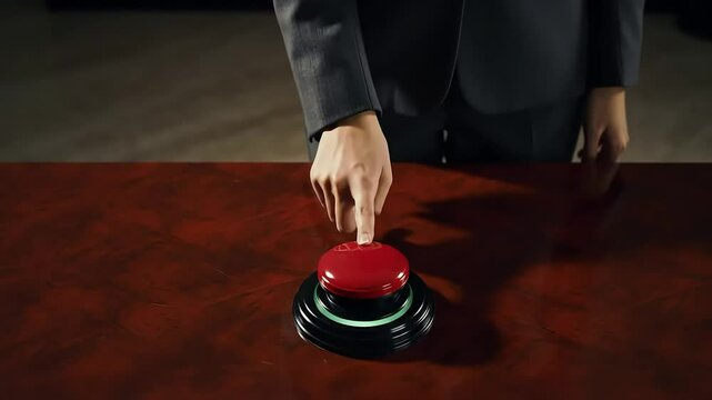 Person in suit pressing a red button on a brown surface for decision making