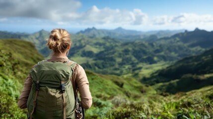Fototapeta premium A woman with a backpack stands at a scenic viewpoint, gazing at lush green mountains and distant peaks under a blue sky, embodying adventure, exploration, and tranquility in nature.
