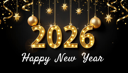Gold 2026 New Year decoration with stars and ornaments on black  