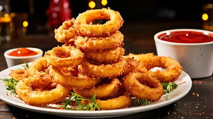 Fried onion rings on a plate. Selective focus. Food.