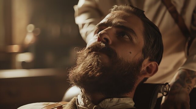 Bearded man getting his mustache trimmed with scissors at the barbershop. - Powered by Adobe