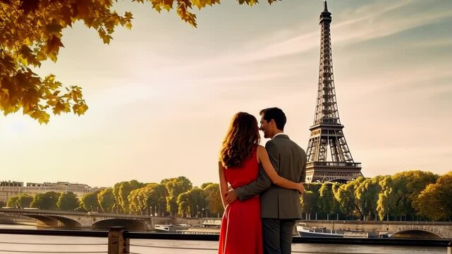 A man and a woman in love in Paris against the backdrop of the Eiffel Tower with flowers. Selective focus. Couple.