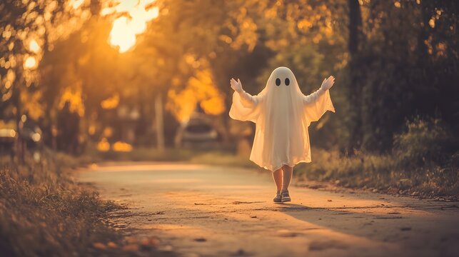 Autumn halloween costume ideas: child dressed as a friendly ghost walking on a rural road at sunset