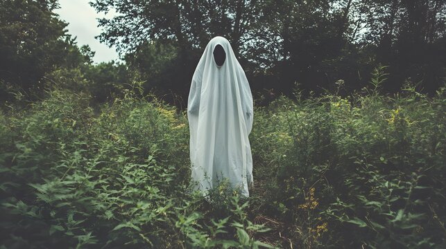 Spooky halloween ghost in the woods costume party scary forest spirit supernatural paranormal apparition creepy scene