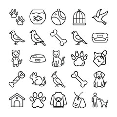 Collection of Pet Related Line Icons Dogs Cats Birds Fish and Accessories