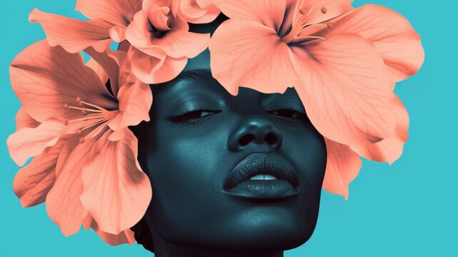 Abstract stylish floral portrait of a black woman. Surreal composite of woman and flowers.