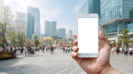 Person holding modern smartphone with bright user interface surrounded by blurred cityscape background