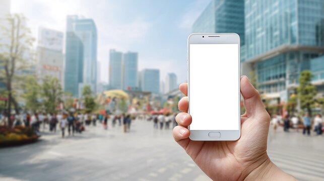 Person holding modern smartphone with bright user interface surrounded by blurred cityscape background - Powered by Adobe