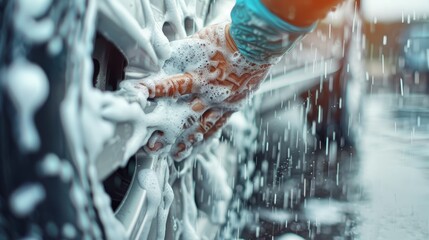An artistic capture of a hand covered in soapy foam as it cleans a car wheel, highlighting the focus on cleanliness and attention to detail in vehicle maintenance.