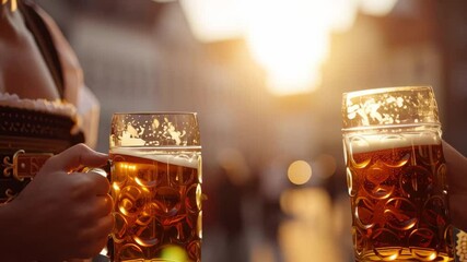 Close up of two people toasting with large beer stein glasses at an Oktoberfest beer festival party event