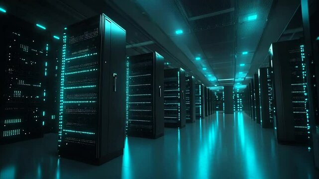 Server room interior with illuminated server racks