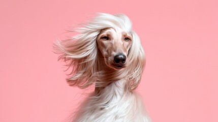 An elegant Afghan Hound poses against a pink background its long flowing hair blowing gracefully in the wind. A majestic canine model displays exquisite coat texture against a delicate