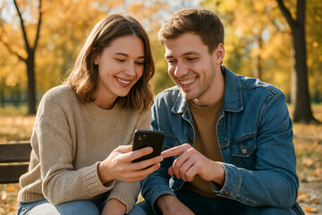Woman and man laughing together while chatting on smartphone in park during autumn day. concept of friendship, technology, outdoor relaxation