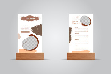 Modern Coffee Shop Menu and Promo Stand Card Mockup with Wooden Holder