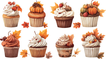Festive Fall Cupcakes with Autumn Leaves and Pumpkin Decorations Perfect for Thanksgiving or Halloween Celebrations Watercolor Style Isolated on White Background Delicious and Visually Appealing