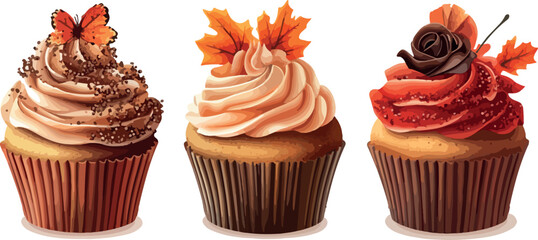 Three Fall Themed Cupcakes with Autumn Leaves and Decorative Toppings Perfect for Thanksgiving or Harvest Celebrations Isolated on White Background Vector Illustration Style