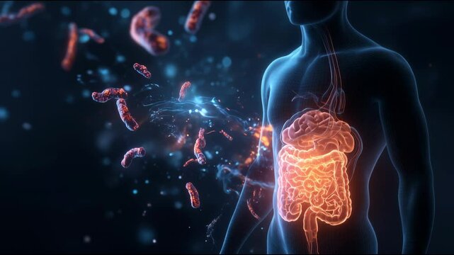 Human silhouette displays glowing brain and stomach connection surrounded by microscopic gut bacteria	
