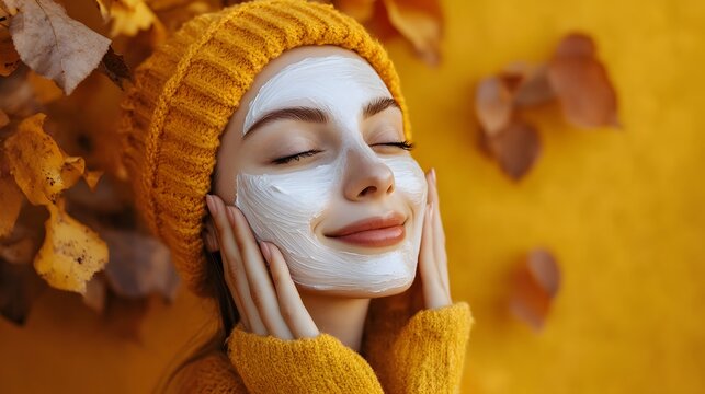 Woman enjoying facial mask treatment for healthy skin and beauty during autumn season skincare routine