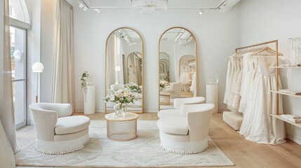 Elegant bridal salon interior featuring luxurious wedding dresses, plush seating, and stylish decor with large mirrors and soft lighting. concept of bridal fashion, elegance, sophistication.