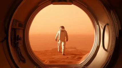 Astronaut walking away from spacecraft airlock into orange-hued Martian landscape, viewed through circular portal. Spacesuit and backpack visible, rocky terrain stretching toward distant horizon.