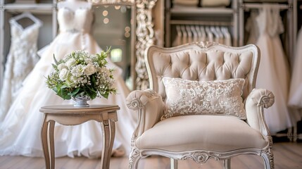 Elegant fitting room with luxurious armchair and bridal gown display, highlighting sophisticated wedding dress details and refined interior decor