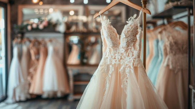 Elegant wedding gown with lace details hanging in bridal boutique for stylish bride on special day. concept of wedding fashion, bridal dress shopping, special occasion outfit - Powered by Adobe