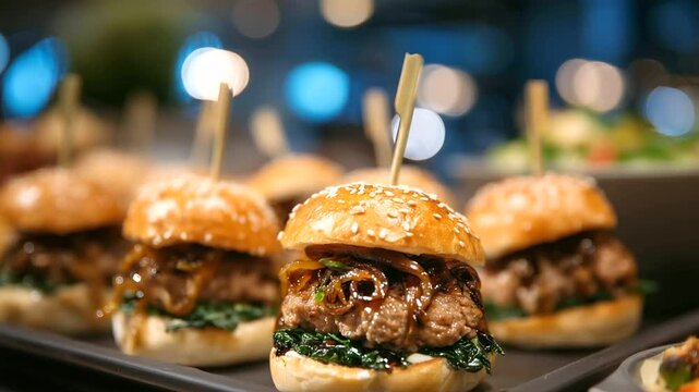 A row of perfectly grilled mini burgers with caramelized onions, each slider pierced with a bamboo skewer, laid out on a catering table under soft warm lighting