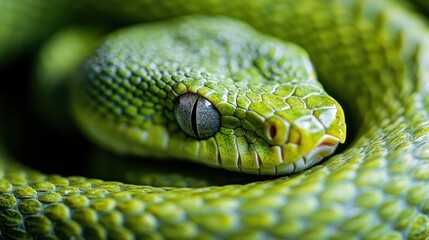 Obraz premium A close-up portrait of a vibrant emerald green snake, highlighting its intricate scales and striking eyes, capturing the beauty and uniqueness of nature's creations.
