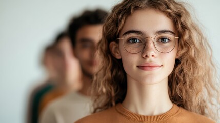 Obraz premium A close-up shot of a young woman with curly hair and glasses, showcasing a candid smile while standing in front of blurred backgrounds with soft lighting.