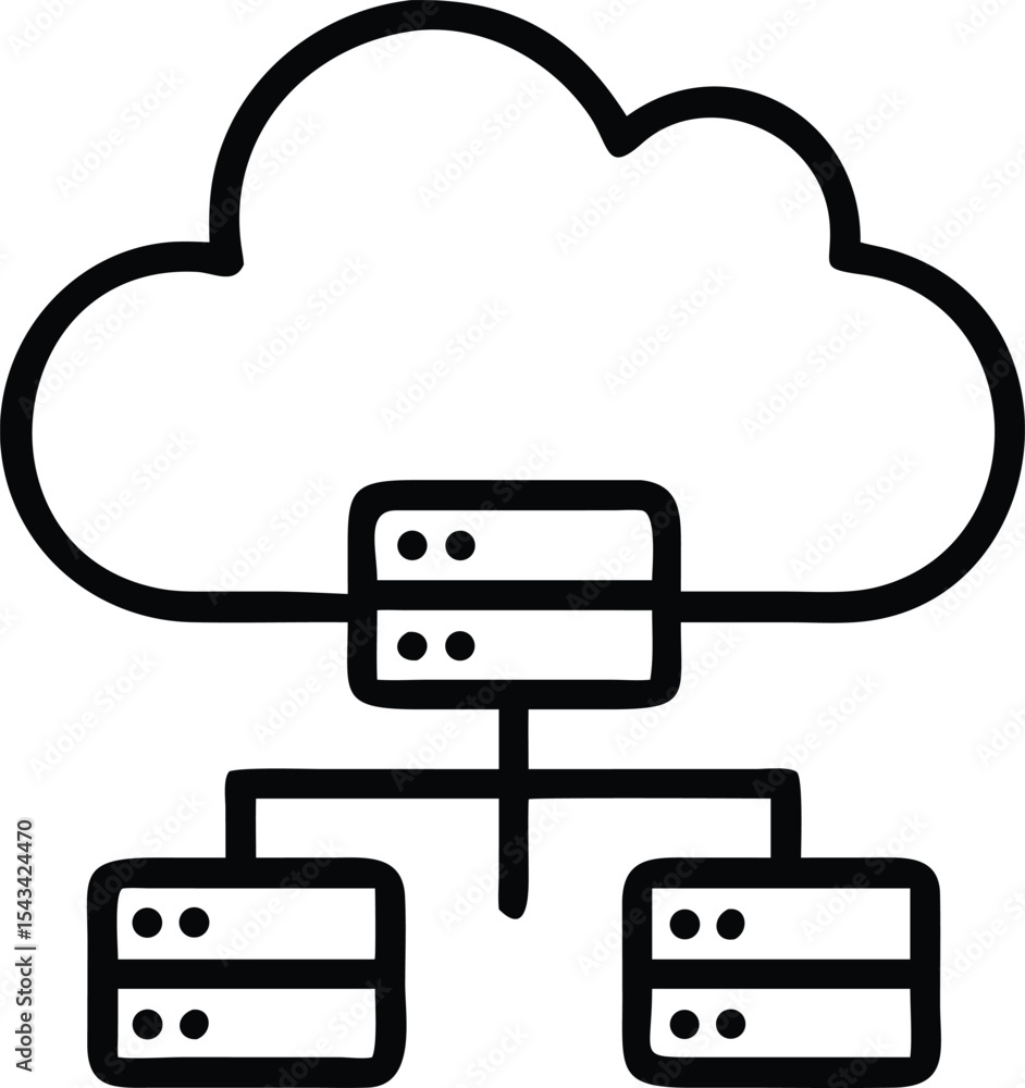 Poster cloud network topology: outline vector illustration depicting connected servers and data storage in 