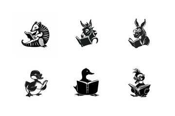 Fototapeta premium Six adorable animals reading books illustration