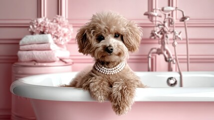Poodle enjoying a bath in a stylish pink bathroom. Generative AI image. A fluffy canine luxuriates in a chic rose hued lavatory a delightful digital creation showcasing pet pampering.