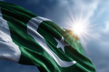 A billowing flag of Pakistan in shades of green and white partially illuminated by sunlight