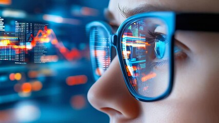 Close-up of glasses reflecting digital stock market charts, financial data visualization with blue and orange color palette. Technology interface showing trading graphs, charts, metrics. - Powered by Adobe