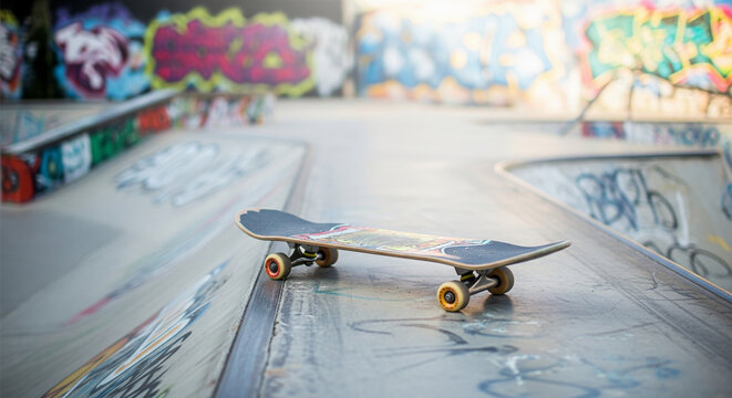 Skateboard resting on a concrete ramp with graffiti walls in soft background blur