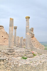 Ancient Roman Ruins at Dougga, Tunisia, with Preserved Columns and Weathered Stone Blocks