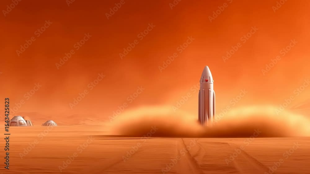 Aufkleber rocket landing on mars surface with dome habitats in background. dusty orange landscape with dramati