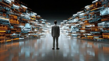 Man Facing Data Streams: A lone businessman stands facing two immense data streams, contemplating the future of information and technological possibilities. - Powered by Adobe